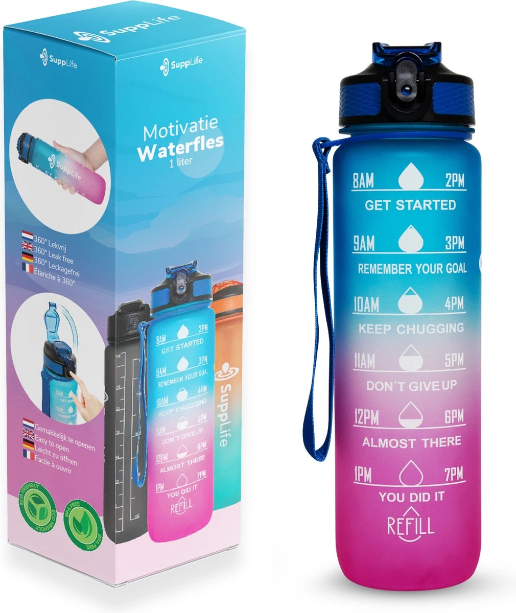 Supplife Motivatie Waterfles - 1 Liter Drinkfles - Waterfles Met Tijdmarkering - Met Rietje - Volwassenen - Kinderen - Blauw Roze - Inclusief Schoonmaakborstel 3 Supplife Motivatie Waterfles - 1 Liter Drinkfles - Waterfles Met Tijdmarkering - Met Rietje - Volwassenen - Kinderen - Blauw Roze - Inclusief Schoonmaakborstel