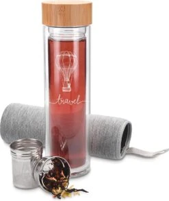 Navaris Glazen Theefles Met Filter - 450 Ml - Waterfles Van Glas - Dubbelwandige Drinkfles - Fles Met Bamboe Dop, Thee Infuser En Hoes - Travel Design