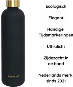 Aquachic - 1L Waterfles Met 2 Doppen En Tijdsmarkeringen - Lekvrij & Licht - Duurzaam - Nederlands Merk - Drink Fles / Bidon- Zwart 1 Liter -Waterfles Voor Buiten 1012x1200 2
