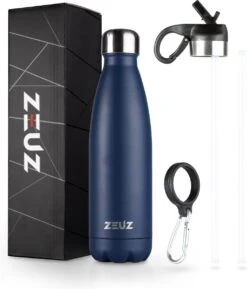 ZEUZ® Premium RVS Thermosfles & Drinkfles – Waterfles Met Rietje - BPA Vrij – 500 Ml - Donkerblauw