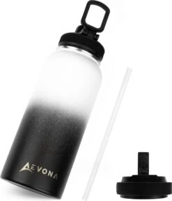 Aevona Waterfles Met Rietje - Thermosfles - Incl 2 Doppen - RVS - 1 Liter