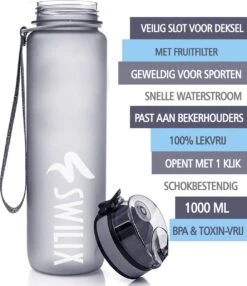 Swilix ® Drinkfles - 1 Liter - Waterfles Met Tijdmarkering - Grijs - 2022 Model -Waterfles Voor Buiten 1038x1200