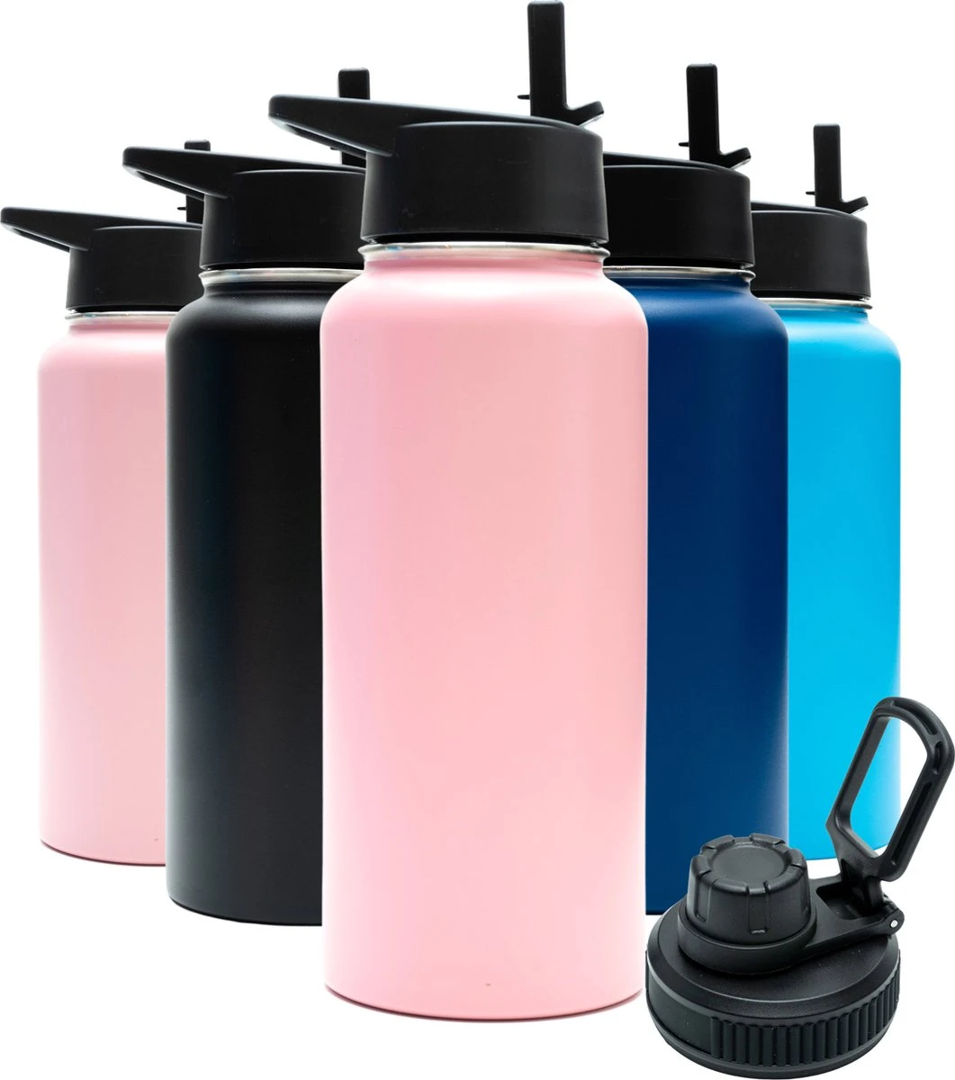 Drinkfles - Pastel Pink - 1 Liter - Extra Dop Met Rietje & Drinktuit - Waterfles Met Rietje - Isoleerfles - BPA Vrij - Lekvrij 3 Drinkfles - Pastel Pink - 1 Liter - Extra Dop Met Rietje & Drinktuit - Waterfles Met Rietje - Isoleerfles - BPA Vrij - Lekvrij