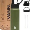 VANN Drinkfles 500 Ml Met Rietje Multifunctioneel - Waterfles Volwassenen - RVS Inclusief 3 Doppen - 24uur Koud/12 Uur Warm - Groen