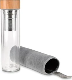 Navaris Glazen Theefles Met Filter - 500 Ml - Waterfles Van Glas - Dubbelwandige Drinkfles - Fles Met Bamboe Dop, Thee Infuser En Hoes -Waterfles Voor Buiten 1079x1200