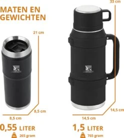 MacGyver RVS Thermoskan 1.5 Ltr – RVS Thermosbeker 0,55 Ltr - Langdurig Warm/koud - Zwart -Waterfles Voor Buiten 1079x1200 3