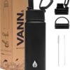 Waterfles 500 Ml Met Rietje Multifunctioneel - Drinkfles Volwassenen - RVS Inclusief 3 Doppen - 24uur Koud/12 Uur Warm - Zwart