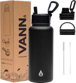 Waterfles 1 Liter Multifunctioneel Met Rietje - Drinkfles Volwassenen – Met 3 Doppen – RVS – 24uur Koud/12 Uur Warm - Zwart