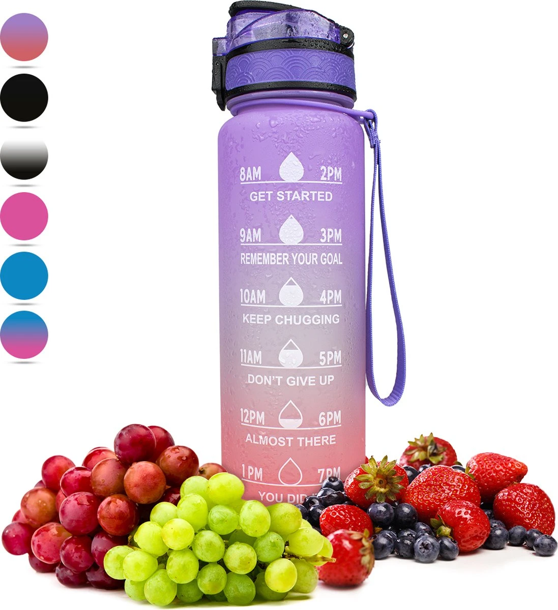 Nimma® Motivatie Waterfles - 1 Liter Drinkfles - Met Tijdmarkeringen En Fruitfilter - Roze Paars 3 Nimma® Motivatie Waterfles - 1 Liter Drinkfles - Met Tijdmarkeringen En Fruitfilter - Roze Paars