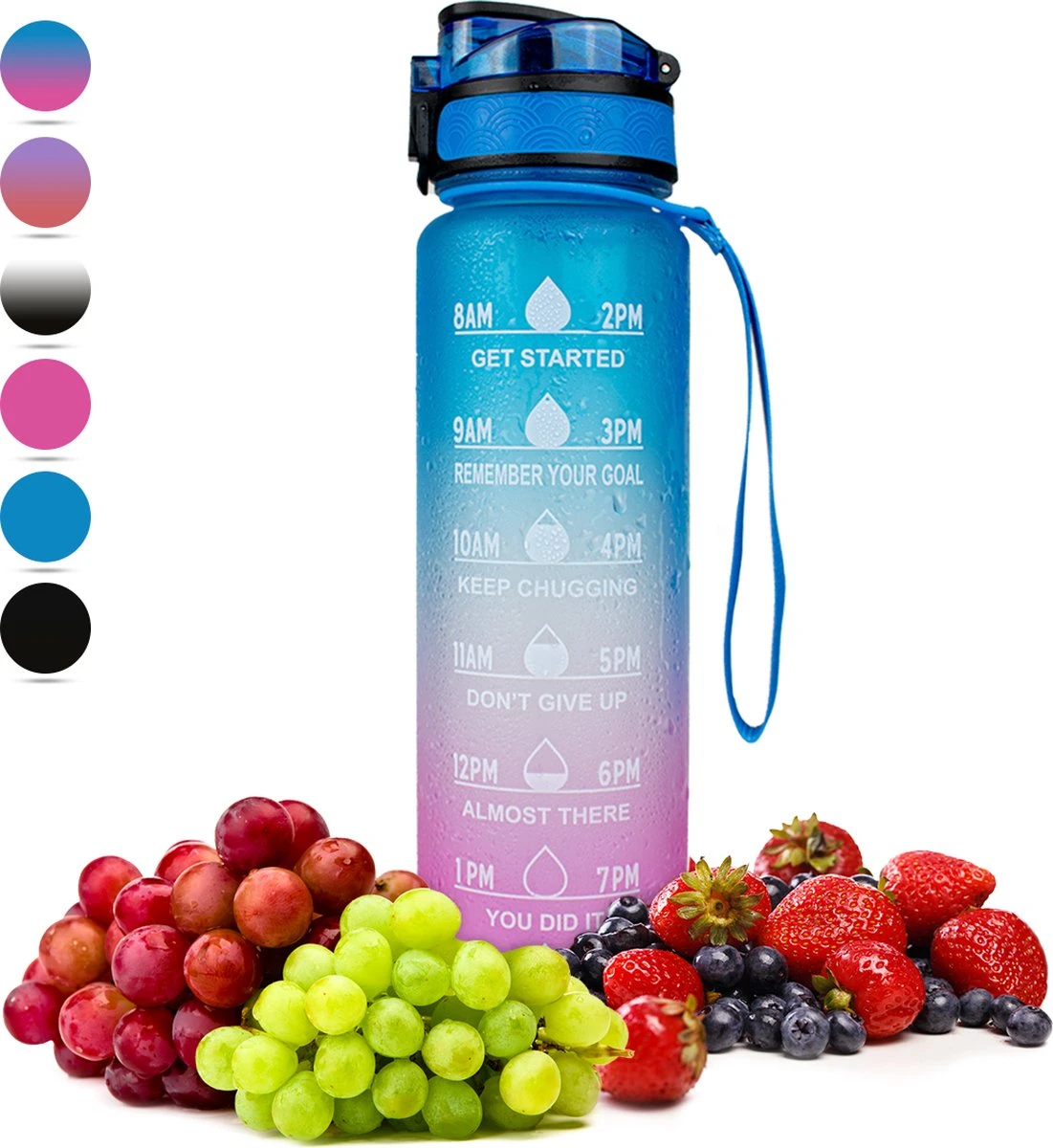 Nimma® Motivatie Waterfles - 1 Liter Drinkfles - Met Tijdmarkeringen En Fruitfilter - Blauw Roze 3 Nimma® Motivatie Waterfles - 1 Liter Drinkfles - Met Tijdmarkeringen En Fruitfilter - Blauw Roze