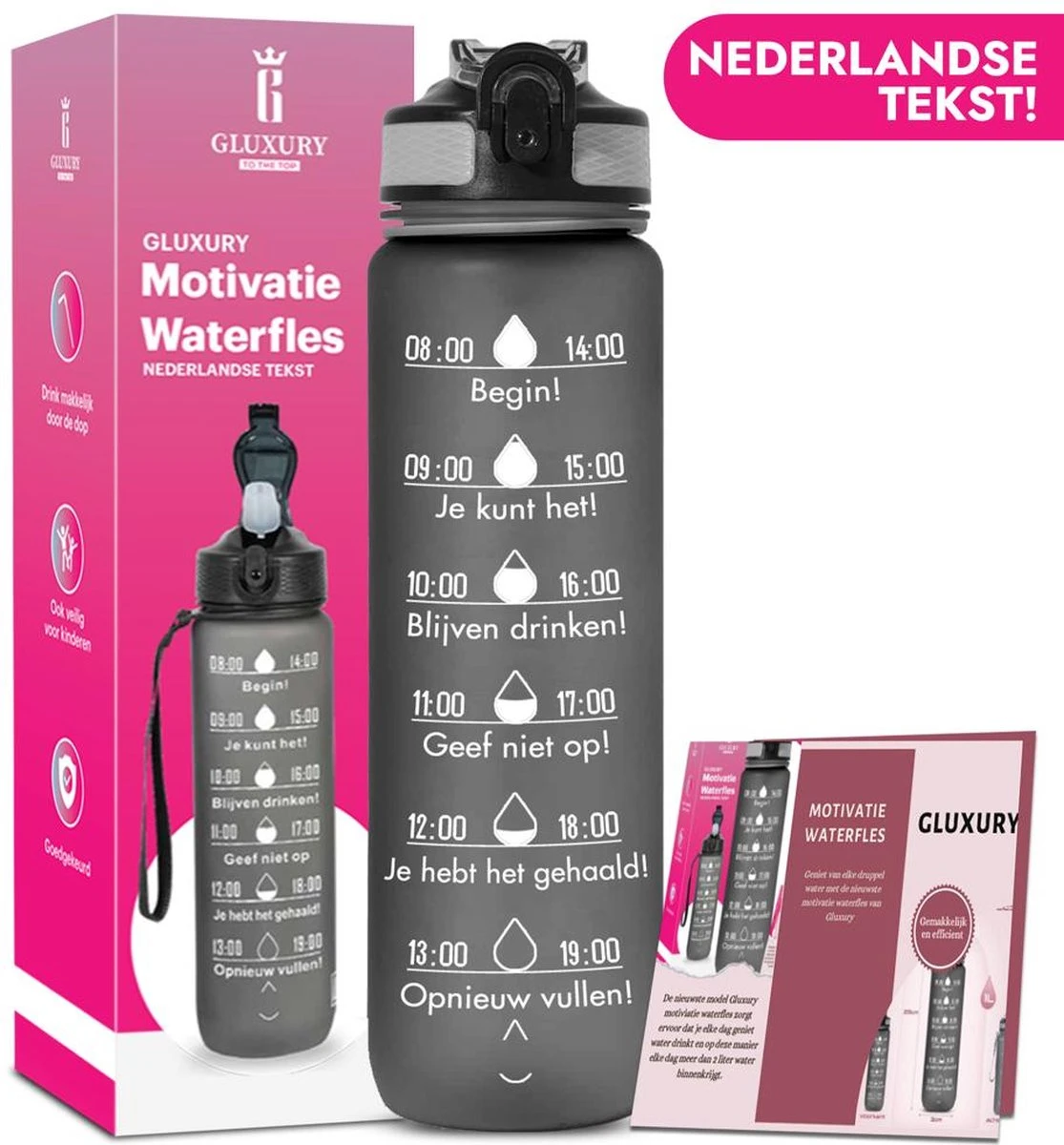 Gluxury Luxe Motivatie Waterfles - Nederlandse Tekst - Drinkfles Met Rietje - 1 Liter Drinkfles - Waterfles Met Tijdmarkering - Inc E-book - Zwart 3 Gluxury Luxe Motivatie Waterfles - Nederlandse Tekst - Drinkfles Met Rietje - 1 Liter Drinkfles - Waterfles Met Tijdmarkering - Inc E-book - Zwart