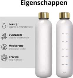 Designed On 45th Drinkfles| Drinkfles 1 Liter | Waterfles Met Tijdmarkering | Mat Wit | Herbruikbaar | Gouden Dop -Waterfles Voor Buiten 1128x1200