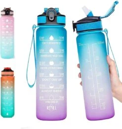 Merkloos Vision Vel Blauw-Roze Waterfles Met Tijdmarkeringen | 1 Liter | Sport Waterfles | Drinkfles Met Rietje | Lekvrije Sportfles | Tritan Waterfles | BPA Vrij | Voor Sport, Fietsen, Kamperen, School, Sportschool | Tijdmarkering