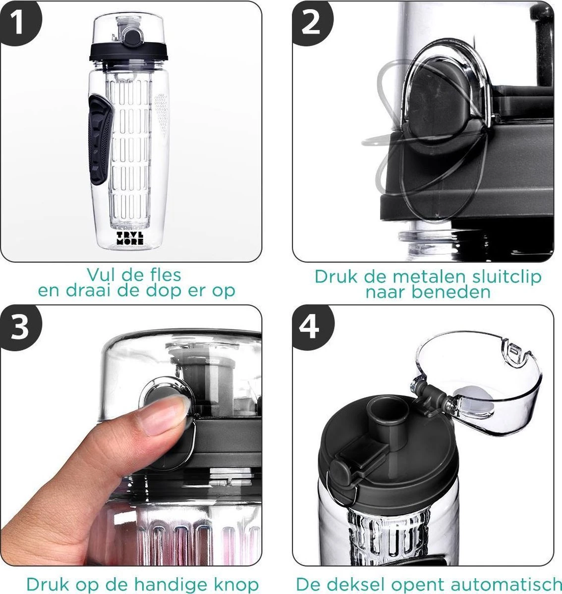 Merkloos Waterfles - Drinkfles - Waterfles Met Fruit Infuser – Zwart - 900ML 6 Merkloos Waterfles - Drinkfles - Waterfles Met Fruit Infuser – Zwart - 900ML - Afbeelding 4