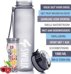 Swilix ® Drinkfles - 1 Liter - Waterfles Met Tijdmarkering - Met 2 Fruitfilters - Grijs 15 Swilix ® Drinkfles - 1 Liter - Waterfles Met Tijdmarkering - Met 2 Fruitfilters - Grijs -Waterfles Voor Buiten 1147x1200