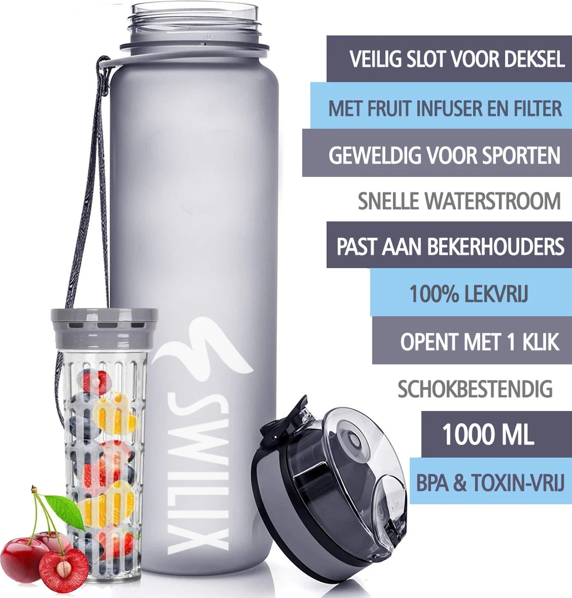 Swilix ® Drinkfles - 1 Liter - Waterfles Met Tijdmarkering - Met 2 Fruitfilters - Grijs 9 Swilix ® Drinkfles - 1 Liter - Waterfles Met Tijdmarkering - Met 2 Fruitfilters - Grijs - Afbeelding 7