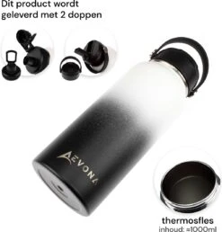 Aevona Waterfles Met Rietje - Thermosfles - Incl 2 Doppen - RVS - 1 Liter -Waterfles Voor Buiten 1150x1200