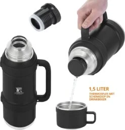 MacGyver RVS Thermoskan 1.5 Ltr – RVS Thermosbeker 0,55 Ltr - Langdurig Warm/koud - Zwart -Waterfles Voor Buiten 1154x1200 2