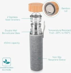 Navaris Glazen Theefles Met Filter - 450 Ml - Waterfles Van Glas - Dubbelwandige Drinkfles - Fles Met Bamboe Dop, Thee Infuser En Hoes - Travel Design -Waterfles Voor Buiten 1160x1200 1