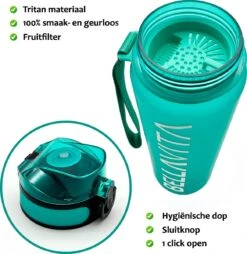 BELLAVITA Drinkfles - Turquoise - Cyaan - Waterfles - Drinkfles Volwassenen - Drinkfles Kinderen - Drinkfles 1 Liter - Fles - 1 Liter - 1000ml - Tritan - Fruitfilter- BPA-vrij - 100% Lekvrij -Waterfles Voor Buiten 1166x1200