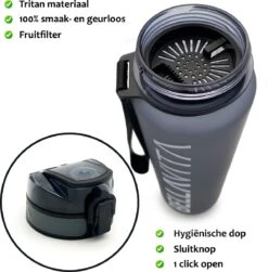 BELLAVITA Drinkfles - Zwart - Waterfles - Drinkfles Volwassenen - Drinkfles Kinderen - Drinkfles 1 Liter - Fles - 1 Liter - 1000ml - Tritan - Fruitfilter- BPA-vrij - 100% Lekvrij -Waterfles Voor Buiten 1183x1200