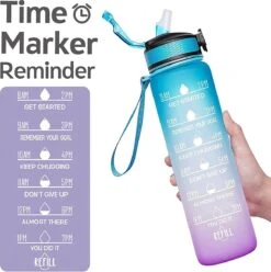 Merkloos Vision Vel Blauw-Roze Waterfles Met Tijdmarkeringen | 1 Liter | Sport Waterfles | Drinkfles Met Rietje | Lekvrije Sportfles | Tritan Waterfles | BPA Vrij | Voor Sport, Fietsen, Kamperen, School, Sportschool | Tijdmarkering -Waterfles Voor Buiten 1197x1200 1