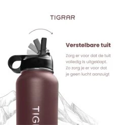Tigrar - Waterfles Met Rietje - Drinkfles 1 Liter - Thermosfles - RVS - Rood - Incl. Extra Dop, 3 Rietjes En Reiniger -Waterfles Voor Buiten 1198x1200 12