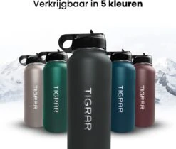 Tigrar - Drinkfles - Waterfles - Thermosfles 1 Liter - RVS - (Grafiet) Zwart - Incl. Extra Dop 3 Rietjes En Reiniger -Waterfles Voor Buiten 1200x1021 2