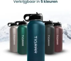 Tigrar - Waterfles - Drinkfles - Thermosfles 1 Liter Dubbelwandig - RVS - (Staal) Blauw - Incl. Extra Dop 3 Rietjes En Reiniger -Waterfles Voor Buiten 1200x1021