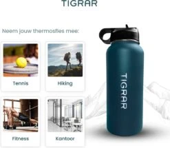 Tigrar - Waterfles - Drinkfles - Thermosfles 1 Liter Dubbelwandig - RVS - (Staal) Blauw - Incl. Extra Dop 3 Rietjes En Reiniger -Waterfles Voor Buiten 1200x1044 2