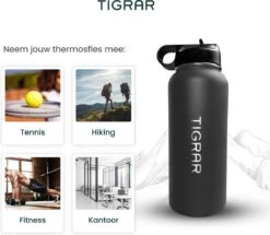 Tigrar - Drinkfles - Waterfles - Thermosfles 1 Liter - RVS - (Grafiet) Zwart - Incl. Extra Dop 3 Rietjes En Reiniger -Waterfles Voor Buiten 1200x1044 4