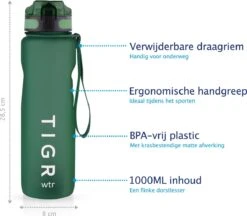TIGR The Athlete - Drinkfles - Waterfles Met Fruit Filter - 1000ml - Groen - Met Mengbal Voor Shakes -Waterfles Voor Buiten 1200x1049