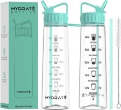 HYDRATE 900ml Drinkfles Met Tijdmarkeringen - Sport Waterfles Met Rietje, BPA-vrije Drinkfles Rietje Gemaakt Van Tritan Ideaal Voor Sportschool, Kantoor, Wandelen, Fitness, Sportfles (Mint Groen)