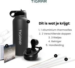 Tigrar - Drinkfles - Waterfles - Thermosfles 1 Liter - RVS - (Grafiet) Zwart - Incl. Extra Dop 3 Rietjes En Reiniger -Waterfles Voor Buiten 1200x1092