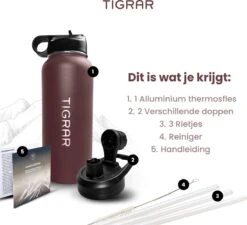 Tigrar - Waterfles Met Rietje - Drinkfles 1 Liter - Thermosfles - RVS - Rood - Incl. Extra Dop, 3 Rietjes En Reiniger -Waterfles Voor Buiten 1200x1093 1