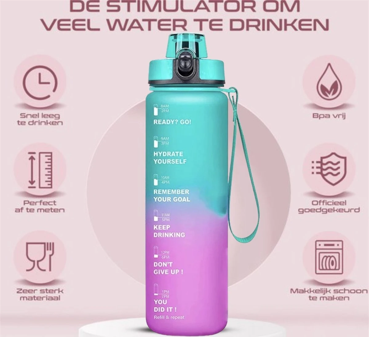 Splash® - Luxe Drinkfles - Motivatie Waterfles - Water Bottle - Waterfles 1 Liter - Bidon- Motivatie Drinkfles - Tijdmarkering - Fruitfilter- Paars/Blauw - Inc. KOOK E-BOOK! 4 Splash® - Luxe Drinkfles - Motivatie Waterfles - Water Bottle - Waterfles 1 Liter - Bidon- Motivatie Drinkfles - Tijdmarkering - Fruitfilter- Paars/Blauw - Inc. KOOK E-BOOK! - Afbeelding 2