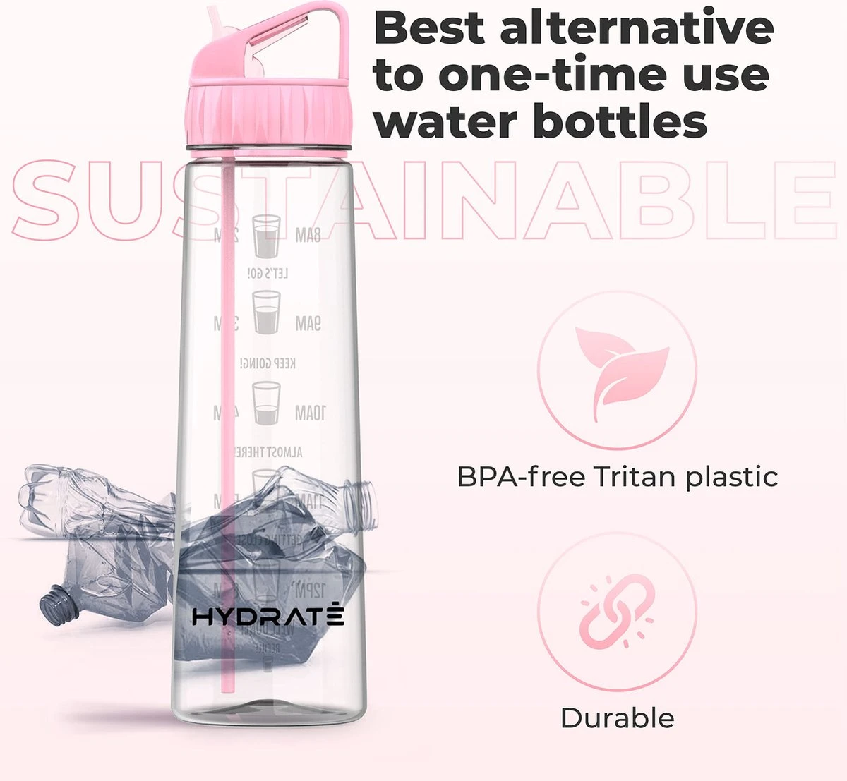 HYDRATE 900ml Drinkfles Met Tijdmarkeringen - Sport Waterfles Met Rietje, BPA-vrije Drinkfles Rietje Van Tritan Ideaal Voor Sportschool, Kantoor, Wandelen, Fitness, Sportfles (Zacht Roze) 11 HYDRATE 900ml Drinkfles Met Tijdmarkeringen - Sport Waterfles Met Rietje, BPA-vrije Drinkfles Rietje Van Tritan Ideaal Voor Sportschool, Kantoor, Wandelen, Fitness, Sportfles (Zacht Roze) - Afbeelding 9