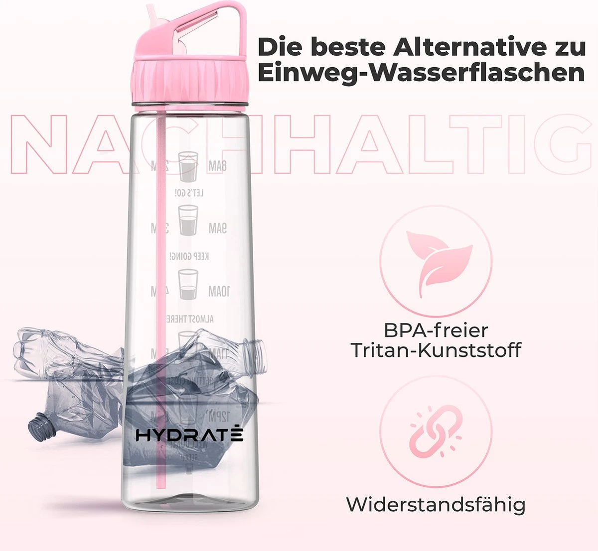 HYDRATE 900ml Drinkfles Met Tijdmarkeringen - Sport Waterfles Met Rietje, BPA-vrije Drinkfles Rietje Van Tritan Ideaal Voor Sportschool, Kantoor, Wandelen, Fitness, Sportfles (Zacht Roze) 10 HYDRATE 900ml Drinkfles Met Tijdmarkeringen - Sport Waterfles Met Rietje, BPA-vrije Drinkfles Rietje Van Tritan Ideaal Voor Sportschool, Kantoor, Wandelen, Fitness, Sportfles (Zacht Roze) - Afbeelding 8