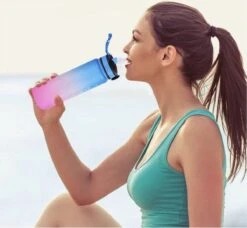 Designed On 45th | Motivatie Waterfles | Drinkfles Met Rietje | Waterfles Met Tijdmarkering | Waterfles 1 Liter | Blauw En Roze | BPA Vrij -Waterfles Voor Buiten 1200x1109