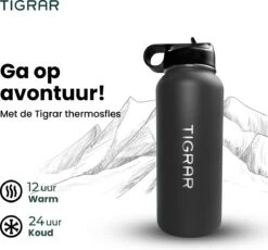 Tigrar - Drinkfles - Waterfles - Thermosfles 1 Liter - RVS - (Grafiet) Zwart - Incl. Extra Dop 3 Rietjes En Reiniger -Waterfles Voor Buiten 1200x1116 1