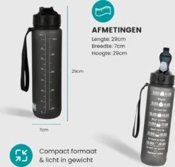 Lacardia Nederlandse Motivatie Waterfles Grijs 'Nederlandse Tekst' - Drinkfles Met Rietje - Waterfles 1 Liter - Waterfles Met Tijdmarkering -Waterfles Voor Buiten 1200x1145