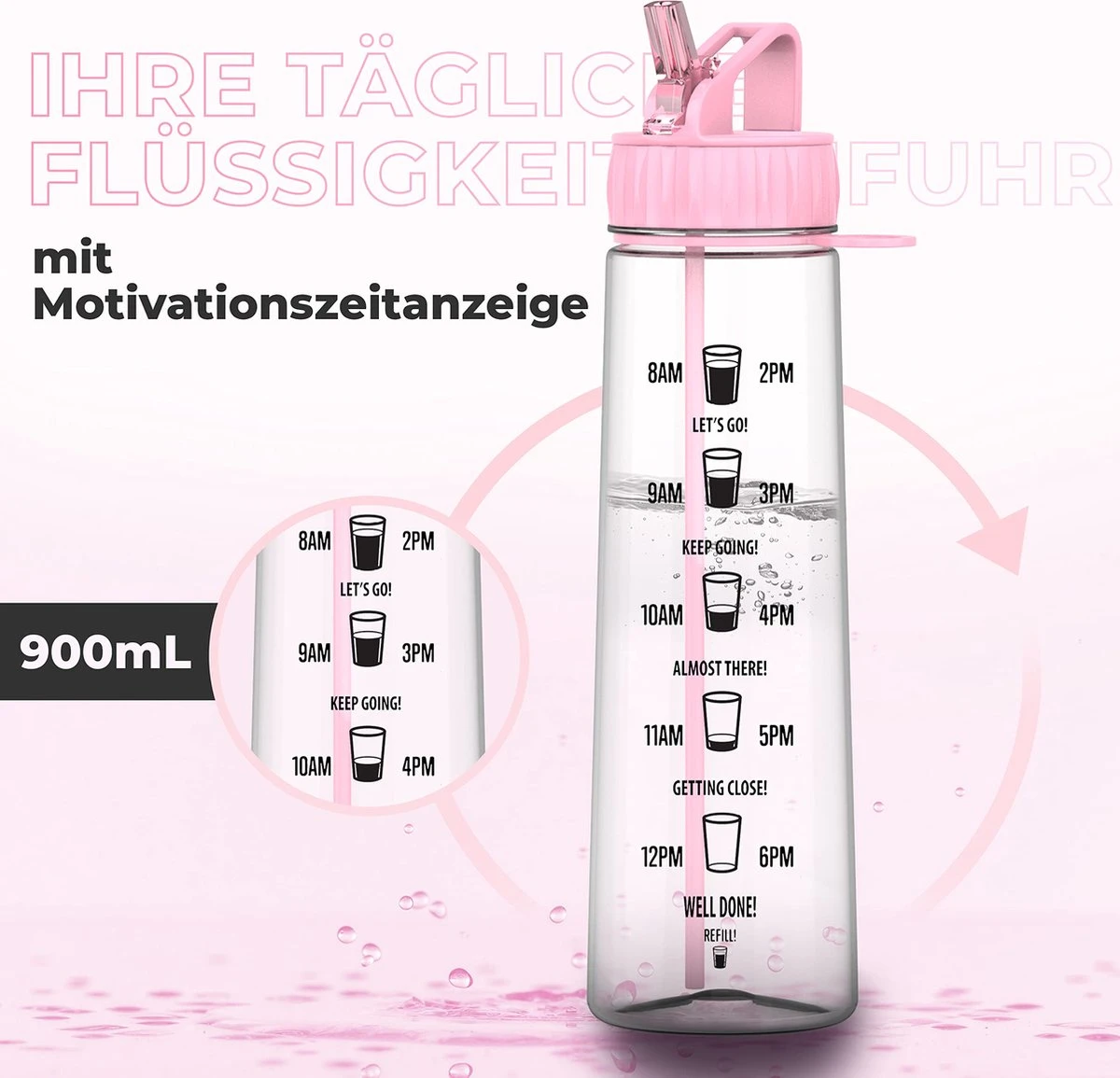 HYDRATE 900ml Drinkfles Met Tijdmarkeringen - Sport Waterfles Met Rietje, BPA-vrije Drinkfles Rietje Van Tritan Ideaal Voor Sportschool, Kantoor, Wandelen, Fitness, Sportfles (Zacht Roze) 6 HYDRATE 900ml Drinkfles Met Tijdmarkeringen - Sport Waterfles Met Rietje, BPA-vrije Drinkfles Rietje Van Tritan Ideaal Voor Sportschool, Kantoor, Wandelen, Fitness, Sportfles (Zacht Roze) - Afbeelding 4
