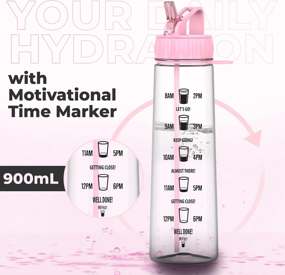 HYDRATE 900ml Drinkfles Met Tijdmarkeringen - Sport Waterfles Met Rietje, BPA-vrije Drinkfles Rietje Van Tritan Ideaal Voor Sportschool, Kantoor, Wandelen, Fitness, Sportfles (Zacht Roze) 7 HYDRATE 900ml Drinkfles Met Tijdmarkeringen - Sport Waterfles Met Rietje, BPA-vrije Drinkfles Rietje Van Tritan Ideaal Voor Sportschool, Kantoor, Wandelen, Fitness, Sportfles (Zacht Roze) - Afbeelding 5