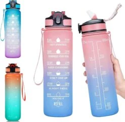 Merkloos Vision Licht Roze-Blauwe Waterfles Met Tijdmarkeringen | 1 Liter | Sport Waterfles | Drinkfles Met Rietje | Lekvrije Sportfles | Tritan Waterfles | BPA Vrij | Voor Sport, Fietsen, Kamperen, School, Sportschool | Tijdmarkering