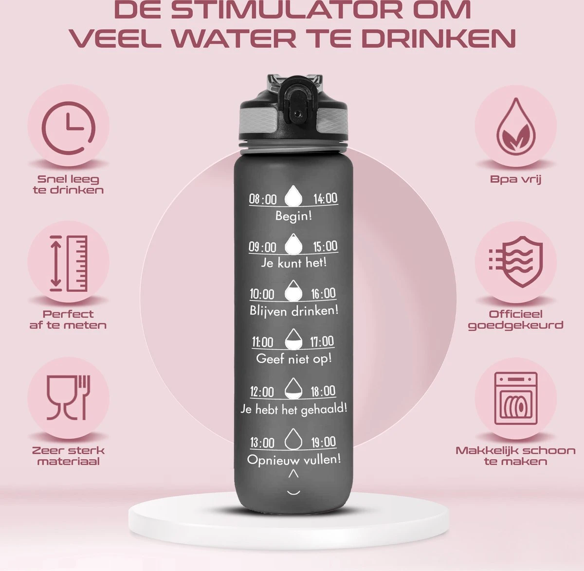 Gluxury Luxe Motivatie Waterfles - Nederlandse Tekst - Drinkfles Met Rietje - 1 Liter Drinkfles - Waterfles Met Tijdmarkering - Inc E-book - Zwart 8 Gluxury Luxe Motivatie Waterfles - Nederlandse Tekst - Drinkfles Met Rietje - 1 Liter Drinkfles - Waterfles Met Tijdmarkering - Inc E-book - Zwart - Afbeelding 6