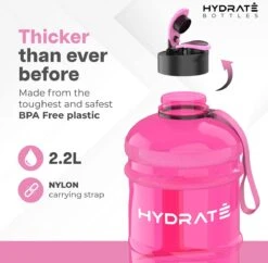 HYDRATE 2,2 Liter Waterfles - Nu Met Easy Drink Cap - Duurzaam En Extra Sterk - BPA Vrij - Ideaal Voor: Sportschool, Dieet, Bodybuilding, Buitensporten, Wandelen En Kantoor, Transparant Roze -Waterfles Voor Buiten 1200x1175 1