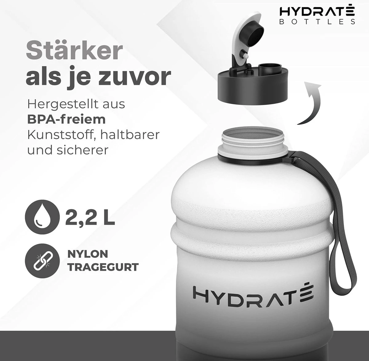 HYDRATE 2,2 Liter Sportwaterfles - Duurzaam En Extra Sterk - BPA Vrij - Ideaal Voor: Sportschool, Dieet, Bodybuilding, Buitensport, Wandelen En Kantoor - Grote Waterfles (mono). 5 HYDRATE 2,2 Liter Sportwaterfles - Duurzaam En Extra Sterk - BPA Vrij - Ideaal Voor: Sportschool, Dieet, Bodybuilding, Buitensport, Wandelen En Kantoor - Grote Waterfles (mono). - Afbeelding 3
