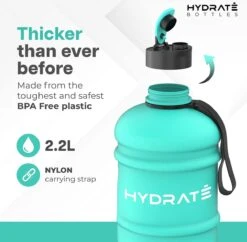HYDRATE 2,2 Liter Sportfles - Duurzaam En Extra Sterk - BPA Vrij - Ideaal Voor: Sportschool, Dieet, Bodybuilding, Buitensport, Wandelen En Kantoor - Grote Waterfles (Mintgroen) -Waterfles Voor Buiten 1200x1175