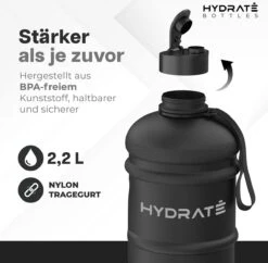 HYDRATE 2,2 Liter Waterfles - Nu Met Easy Drink Cap - Duurzaam En Extra Sterk - BPA Vrij - Ideaal Voor: Sportschool, Dieet, Bodybuilding, Buitensporten, Wandelen En Kantoor, Mat Zwart -Waterfles Voor Buiten 1200x1175 4