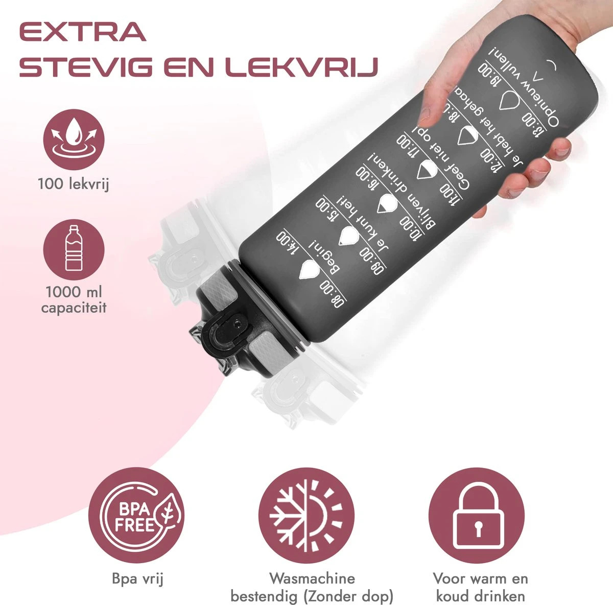 Gluxury Luxe Motivatie Waterfles - Nederlandse Tekst - Drinkfles Met Rietje - 1 Liter Drinkfles - Waterfles Met Tijdmarkering - Inc E-book - Zwart 7 Gluxury Luxe Motivatie Waterfles - Nederlandse Tekst - Drinkfles Met Rietje - 1 Liter Drinkfles - Waterfles Met Tijdmarkering - Inc E-book - Zwart - Afbeelding 5